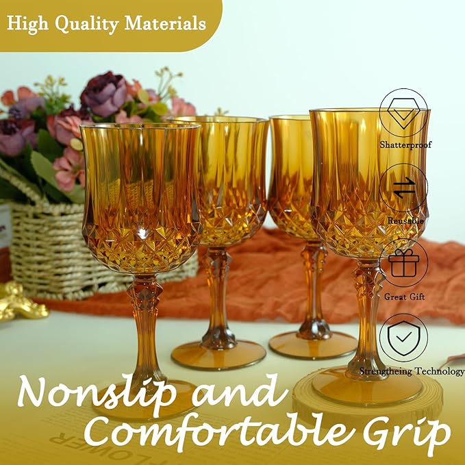 Plastic Wine Glasses, Plastic Goblets Vintage Style Cordial Unbreakable Drinking Glasses, Reusable Drinkware for Wedding Reception, Grand Event Party Supplies (48, Amber)