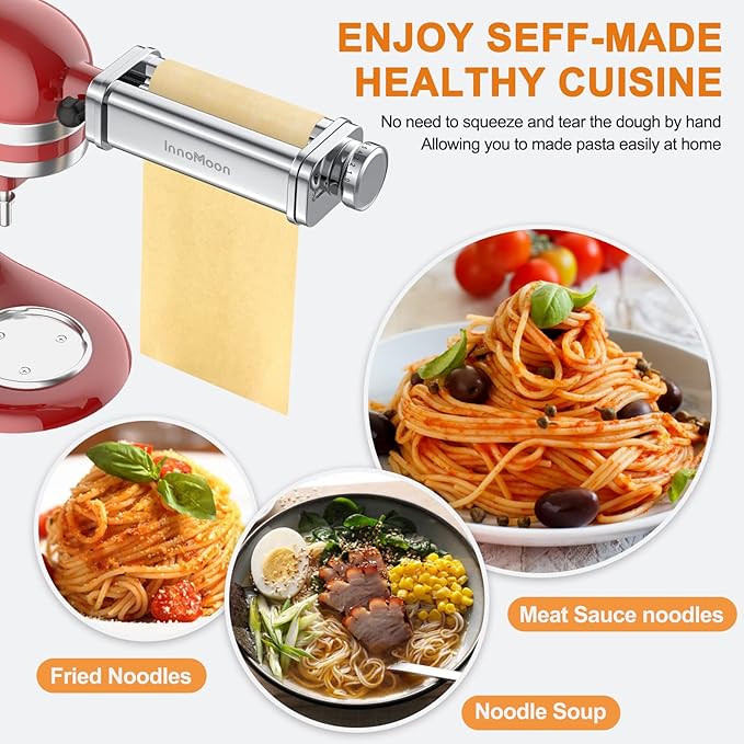 Pasta Maker Attachment for KitchenAid Stand Mixers, Stainless Steel for Kitchen aid Pasta Attachment Includes Pasta Sheet Roller, Spaghetti & Fettuccine, Dough Scraper Pasta Attachment by InnoMoon