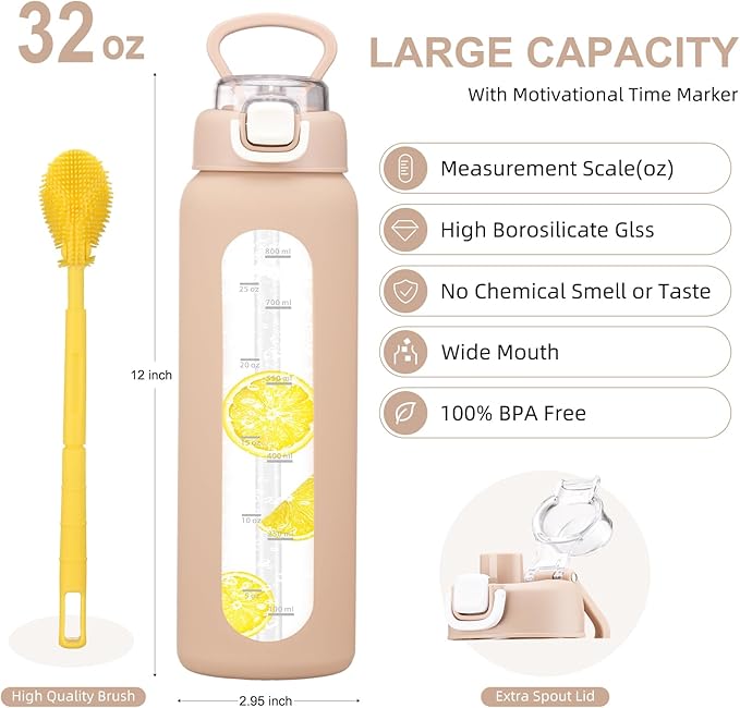 chunmo 32 oz Glass Water Bottles with 2 Lids-Handle Spout Lid & Straw Lid, 1 Liter Motivational Borosilicate Water Bottle with Time Marker and Silicone Sleeve,Leakproof-Amber-1 Pack