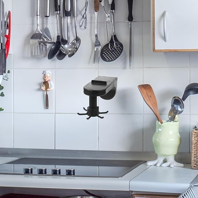 Uonlytech 2pcs Wall Mounted Kitchen Utensil Hooks 360° Rotating Six-Claw Non-Punch Storage Hangers Under Cabinet Hanging Organizer Black for Kitchen Storage