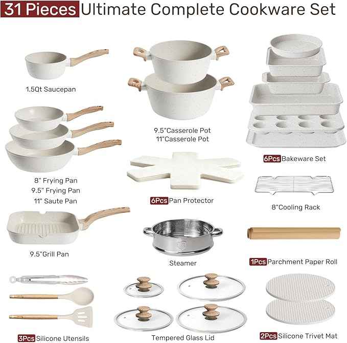 Kikcoin Pots and Pans Set Non Stick 31 Piece Kitchen Nonstick Cooking Cookware Sets with Grill Pan Saucepan Baking Sheet Utensil, Cream White