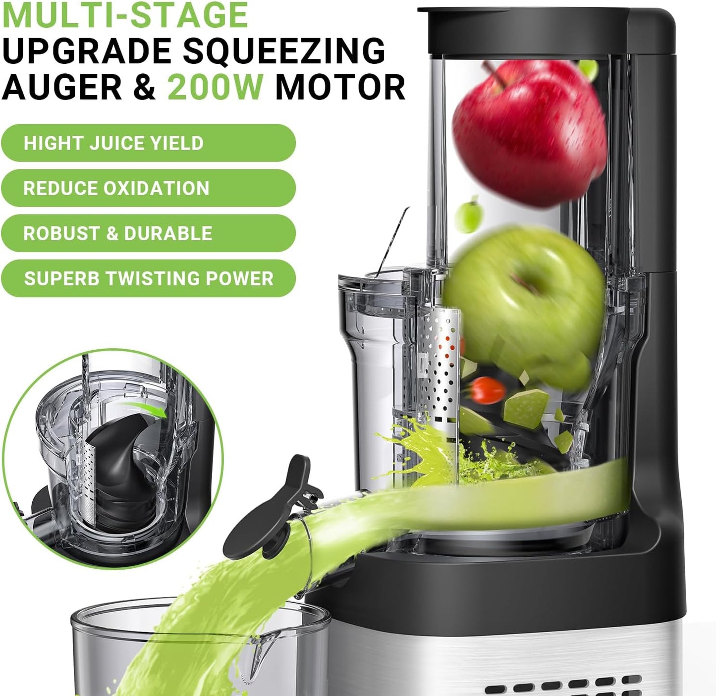 AMZCHEF Cold Press Juicer, Juicer Machines - 3.1" Large Feed Chute for Whole Fruits & Vegetables, Stainless Steel Slow Masticating Juicer Easy to Clean, Large Auger, Double Strainers, Silver