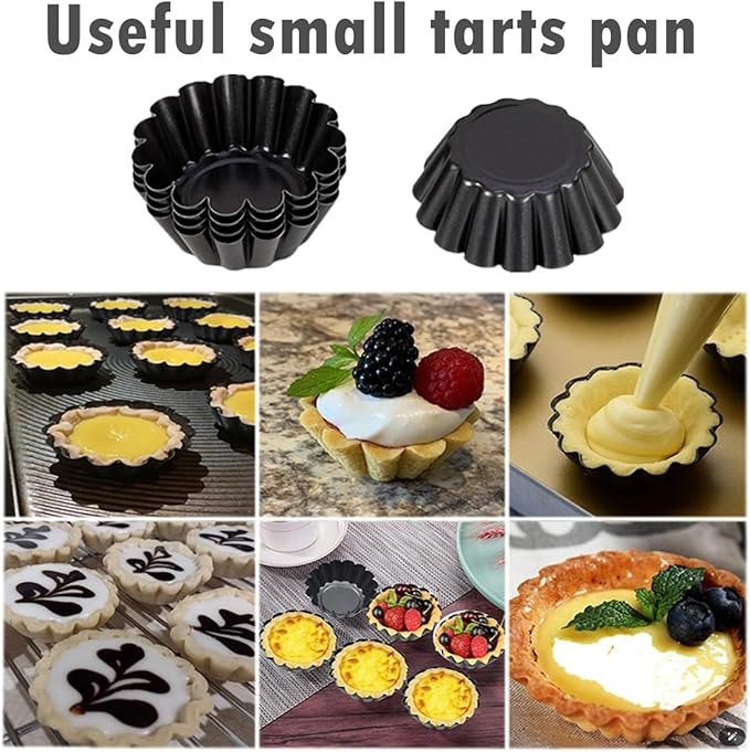 12-Pack 2.5 Inch Nonstick Mini Tart Pans Fluted Side for Pies Pan Round Deep Quiche Mold Heavy Duty Carbon Steel Baking Cupcake Egg Tarts Mousse Cakes Fruit and Desserts Molds for Oven