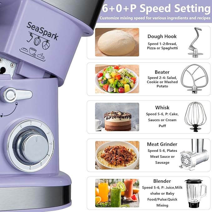Multifunctional Stand Mixer, 6 in 1 Stand Mixer, 6.3Qt Tilt-head, Standing Mixer with Stainless Steel Bowl, Meat Grinder, Juice Blender, for professional Baking and Most Home Cooks, Purple