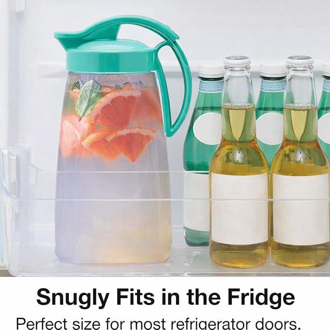Airtight Slim Fridge Water Pitcher with Lid, 74 oz (2.3 Qt) Space Saving Refrigerator Door Jug, Leakproof Easy Pour Spout Beverage Tea Container, BPA-Free SAN Plastic, Made in Japan (Turquoise)