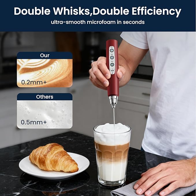 Sakgos Milk Frother with Stand Rechargeable-Handheld Frother Wand with 3 Stainless Whisks 3 Speed Adjustable, Electric Whisk Drink Mixer, Foam Maker Blender for Matcha Latte Cappuccino Chocolate