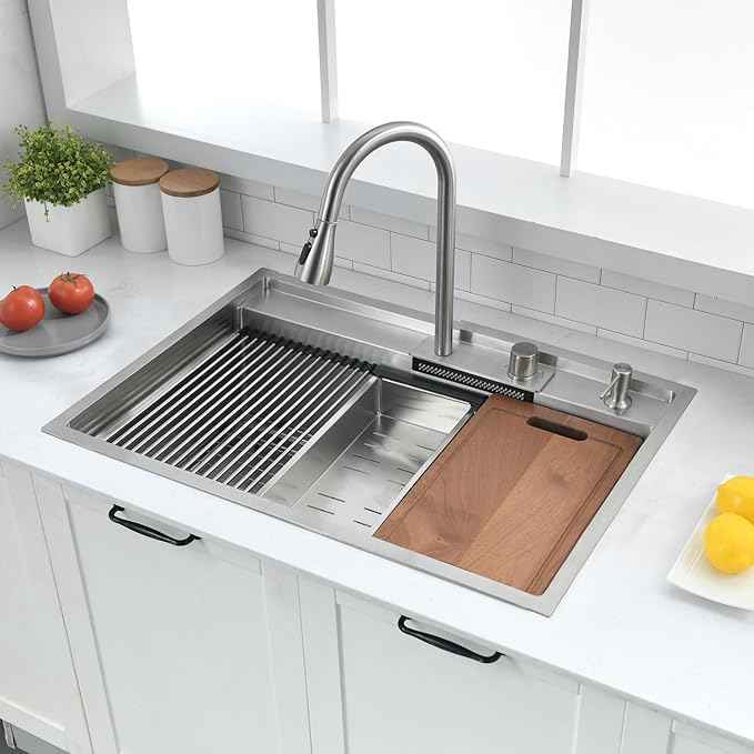 30 inch Drop in Kitchen Sink Waterfall Workstation with Faucet Combo-VOKIM 30x22 Drop-in sink 16 Gauge Stainless Steel Single Bowl Kitchen Sink with Cutting Board