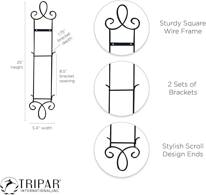 TRIPAR Augusta Narrow Vertical Plate Rack, Black Display (2 Tiers) - Lightweight & Durable - Contains 2 Non-Adjustable Brackets - Elegantly Display Plates, Tiles, Artwork, & More