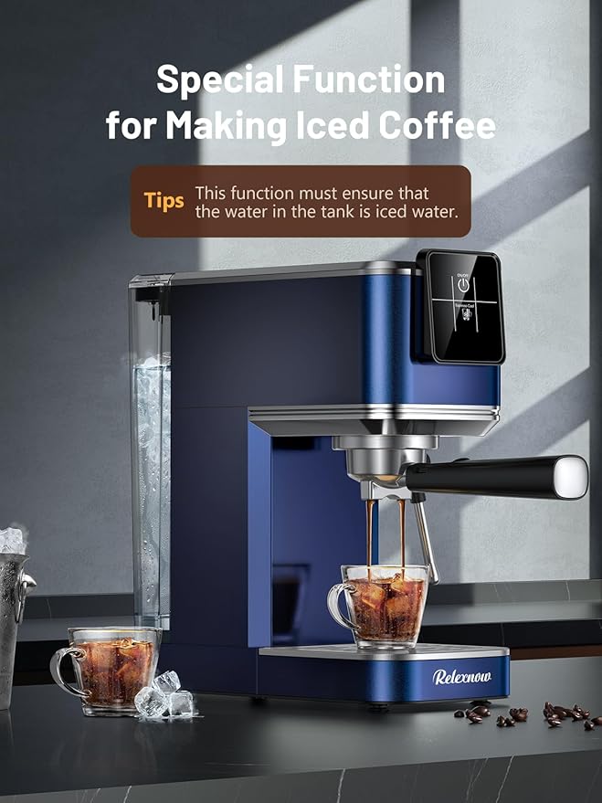 RELEXNOW Espresso Machine, 20 Bar Espresso Maker Milk Frother & LCD Panel, Hot & Iced Coffee Machine, Stainless Steel Espresso Coffee Machine with 41oz Water Tank for Cappuccino, Latte