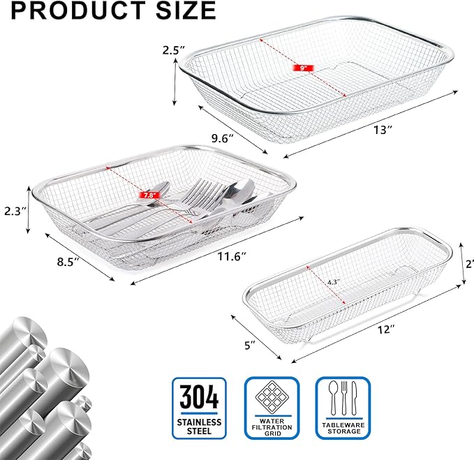 Utensil Drying Rack, 3 Pack Stainless Steel Utensils Holder Dishwasher Silverware Basket, Compact Dish Drainer for Kitchen Countertop, Chopsticks Spoons, Forks, Knifes Organizer