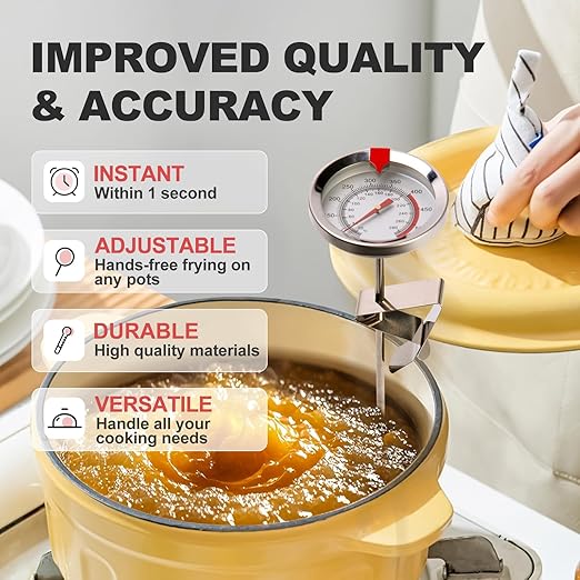 Candy Thermometer Waterproof IP67 - Oil Thermometer for Frying with Clips - 9" Side of Pot Thermometer Deep Fry for Oil Candy Candle BBQ - Silver