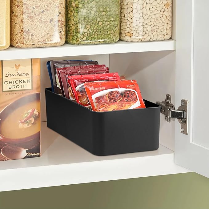BSTKEY Seasoning Packet Organizer, Food Storage Organizer with Divided 4 Bamboo Wood Compartments, Black Plastic Storage Caddy for Pantry Cabinet, Kitchen Organization Bin for Snacks Spice Packets
