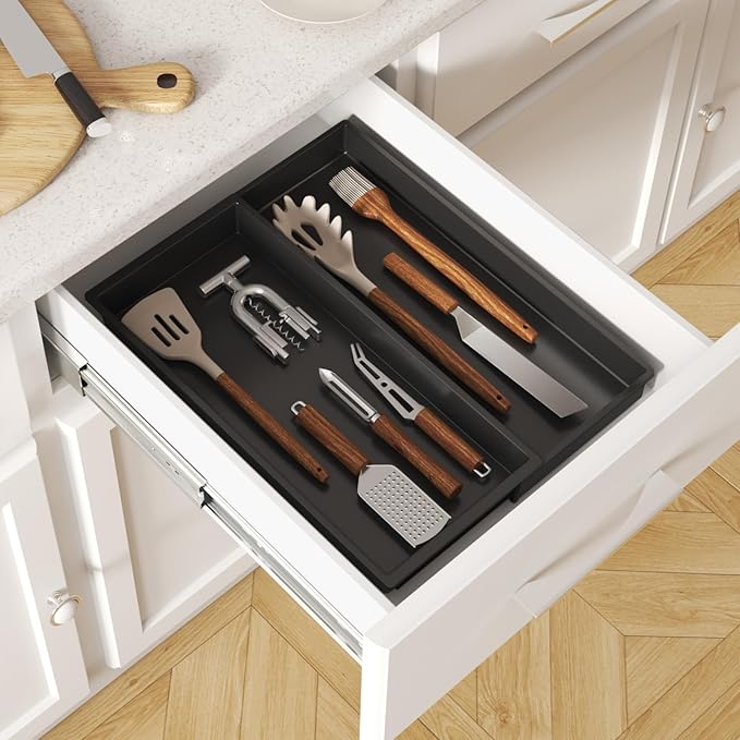 Lifewit Utensil Organizer for Kitchen Drawer, Expandable Cooking Silverware Tray, Adjustable Cutlery Flatware Holder, Plastic Spatula Tools Storage Divider, 12.9 x 16.1", Black