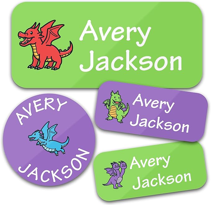 Personalized Daycare Name Labels for Kids (130 Labels) - Custom Waterproof Name Stickers for Clothing Tags, Water Bottles, Lunch Boxes and School Supplies (Dragons)