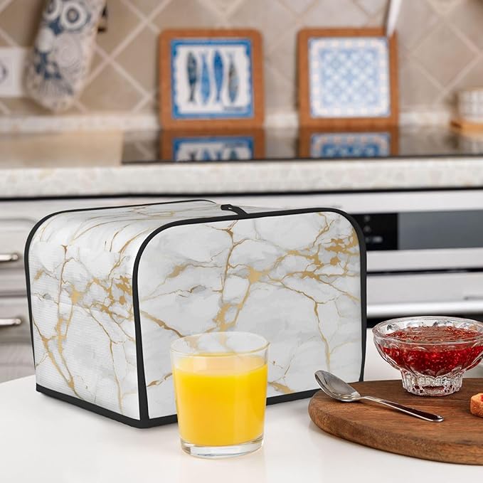 Toaster Cover 4 Slice White Gold Marble Abstract Kitchen Small Appliance Covers with Pockets Dust and Fingerprint Protection