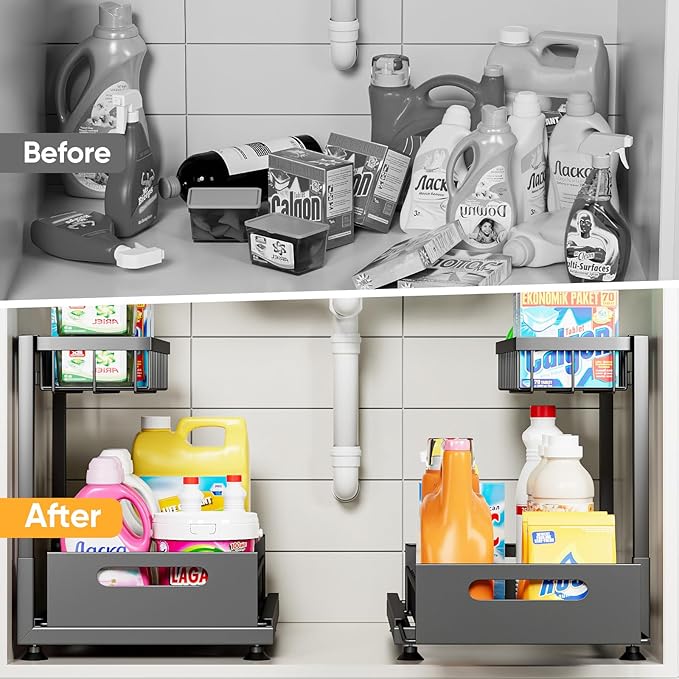 Saydear Under Sink Organizer Storage 2-Tier Premium Metal Pull-Out Kitchen Cabinet Organizer with Sliding Drawer, Height Adjustable, Heavy Duty for Kitchen & Bathroom Organizers 2 Pack Black
