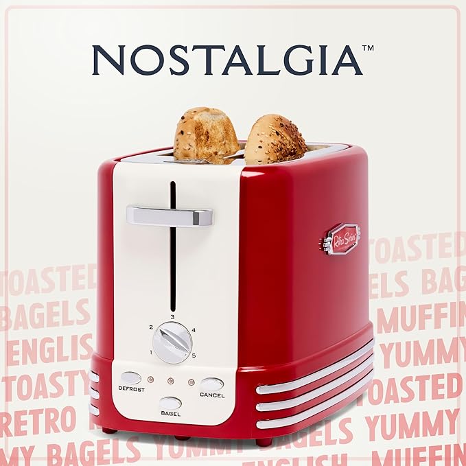 Nostalgia Retro Wide 2-Slice Toaster, Vintage Design With Crumb Tray, Cord Storage & 5 Toasting Levels, Red