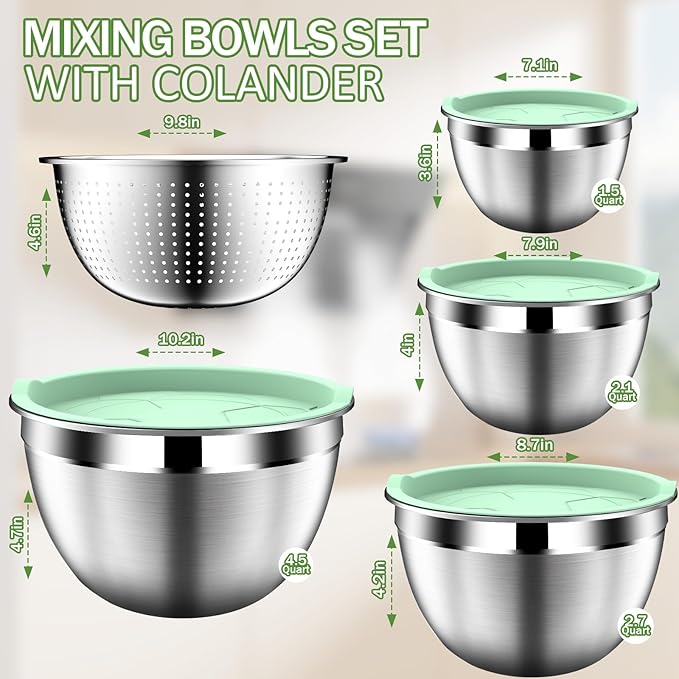 DUTZUN Mixing Bowls with Lids Set, Stainless Steel Mixing Bowl Set with Colander, Strainer with Bowls - Pistachio