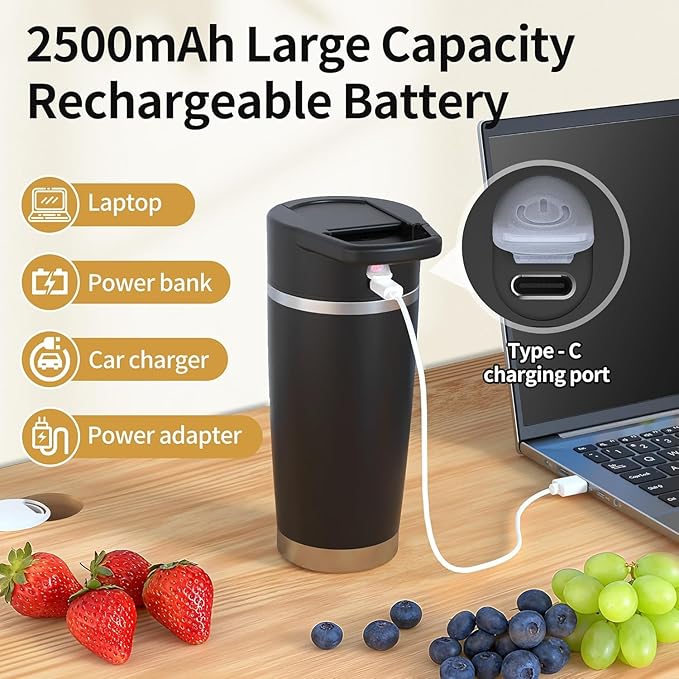 Portable Personal Blender 20oz Vacuum Cup Cordless Blende for 120 Watt Rechargeable Personal Size blender With Stainless Steel Bottle Ideal For-Shakes and Smoothies, BPA Free (Black）
