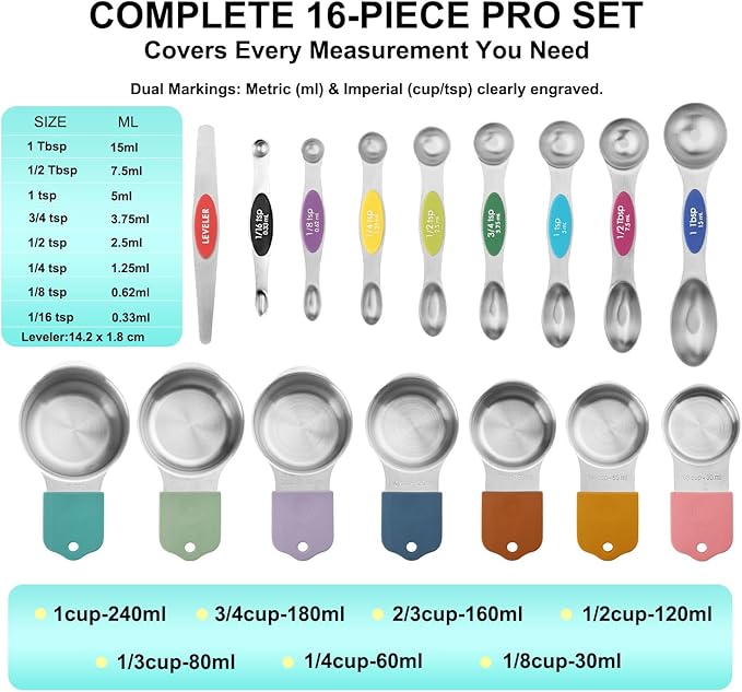 Magnetic Measuring Cups and Spoons Set of 16, 7 Stainless Steel Measuring Cups, 8 Double-Sided Measuring Spoons with 1 Leveler, Color Coded Handles, Dual Markings for Dry and Liquid Ingredients