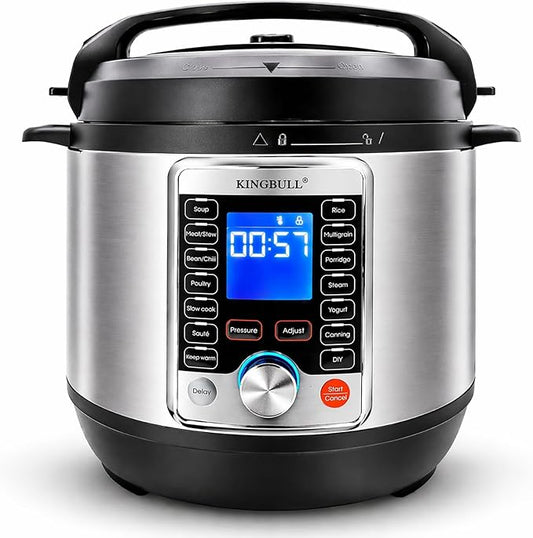 KINGBULL 14-in-1 Electric Pressure Cooker 6 Quart, Stainless Steel Multi Cooker with LCD Display, Slow Cooker, Rice Cooker, Steamer, Sauté, Yogurt Maker, Warmer, DIY Mode, Black
