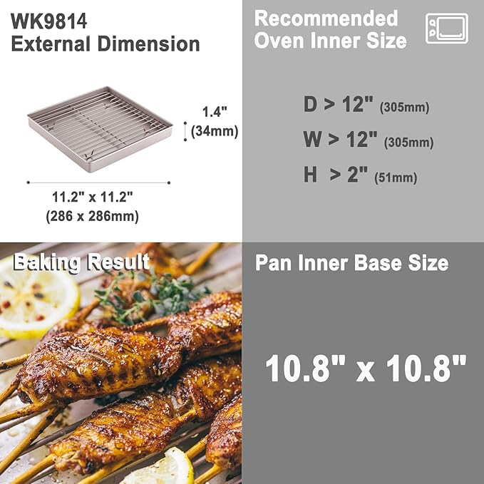 CHEFMADE Roasting Pan with Rack, 11-Inch Non-Stick Square Shallow Dish Sheet Pan with Wire Rack for Oven Baking, BBQ and Roasting 11.2" x 11.2" x 1.4" (Champagne Gold)