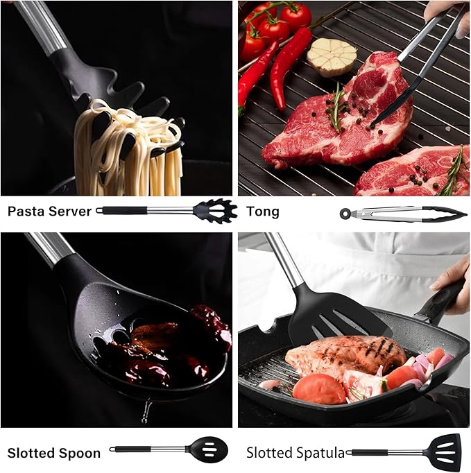 KSENDALO Silicone Cooking Utensils Set of 26, Heat Resistant Kitchen Utensils Set of Spatulas, Spoons, Whisk, Tong, Non Toxic Black Kitchen Tool Set with Holder for Nonstick Cookware, Dishwasher Safe