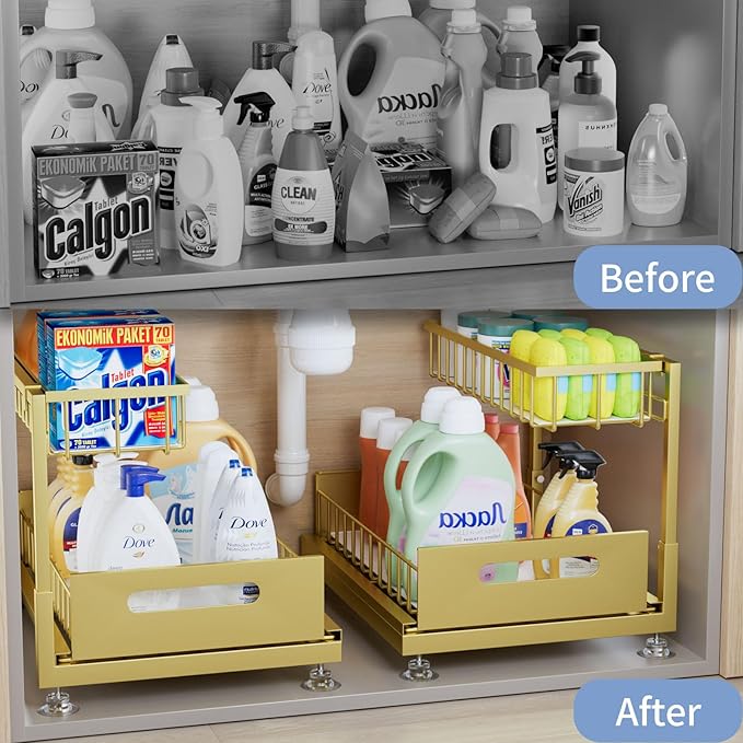 Saydear Under Sink Organizer Storage 2-Tier Premium Metal Pull-Out Kitchen Cabinet Organizer with Sliding Drawer, Height Adjustable, Heavy Duty for Kitchen & Bathroom Organizers 2 Pack Gold