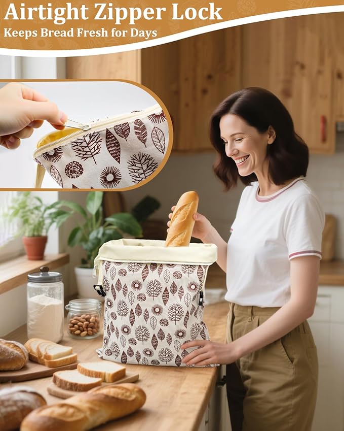 Reusable Beeswax Bread Bags with Zipper, Sourdough Bread Storage Bags for Homemade, Keep Bread Fresh, Natural Beeswax & Cotton Liner, Freezer-Safe Baguette Bag 17"×13", 2 Pack