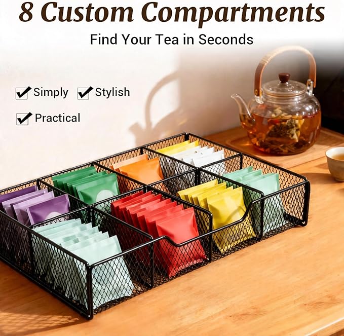 NANXITU Tea Holder Organizer,Wood Tea Box Organizer Storage Box,Tea Caddy for Tea Bags Organizer Drawer,with 8 Compartments Multi-Functional Tea Station Chest for Countertop