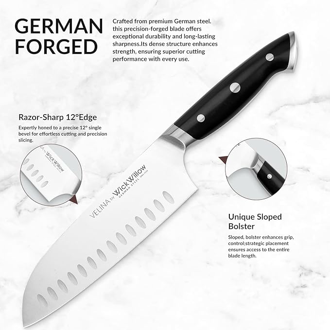 WICKWILLOW 7 Inch Santoku Knife – Razor Sharp German Steel – 7 Inch Kitchen Knife for Slicing, Dicing & Mincing – Hollow Edge & Full Tang – Gift Box – Velina Series
