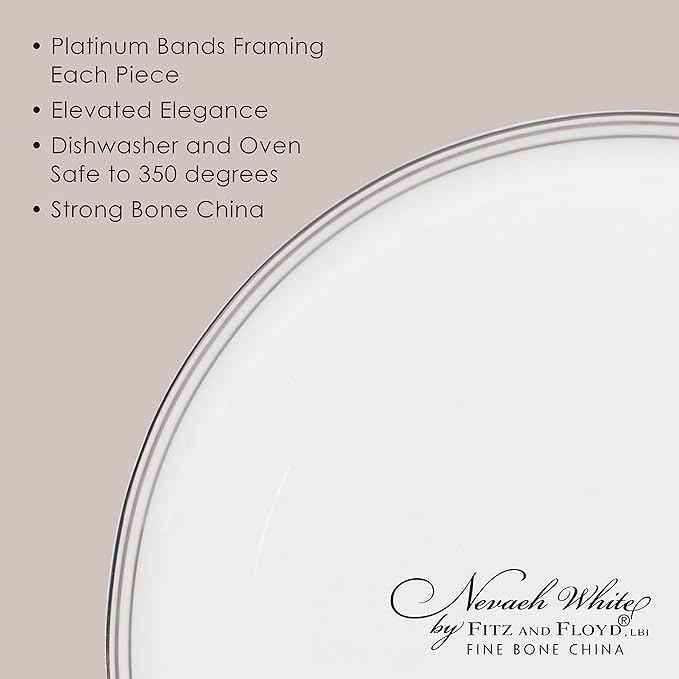 Everyday White by Fitz and Floyd Nevaeh Bone China Coupe Platinum Bands Dinnerware Set, Service for 4