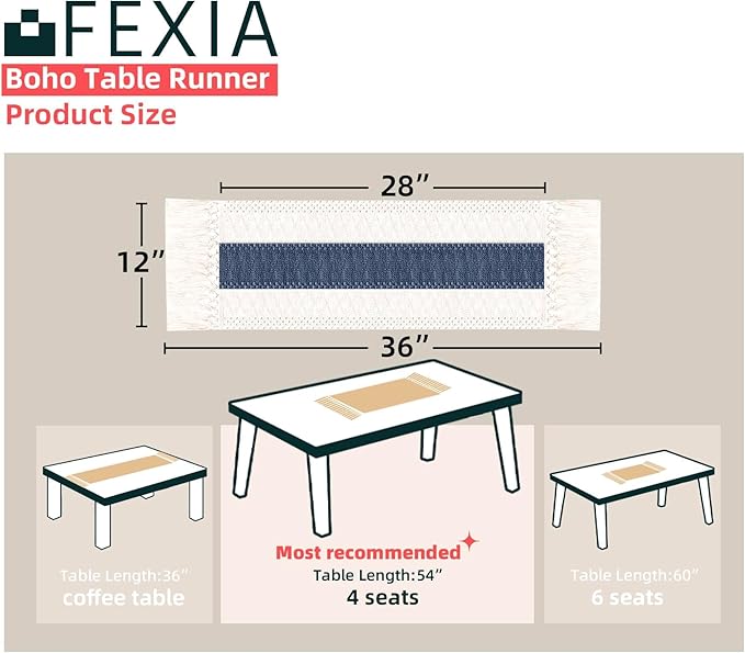 FEXIA Boho Table Runner 36 Inches Long with Tassels Farmhouse Rustic Cream & Blue Macrame for Dining Bedroom Home Baby Bridal Shower Decor(12x36 Inches)