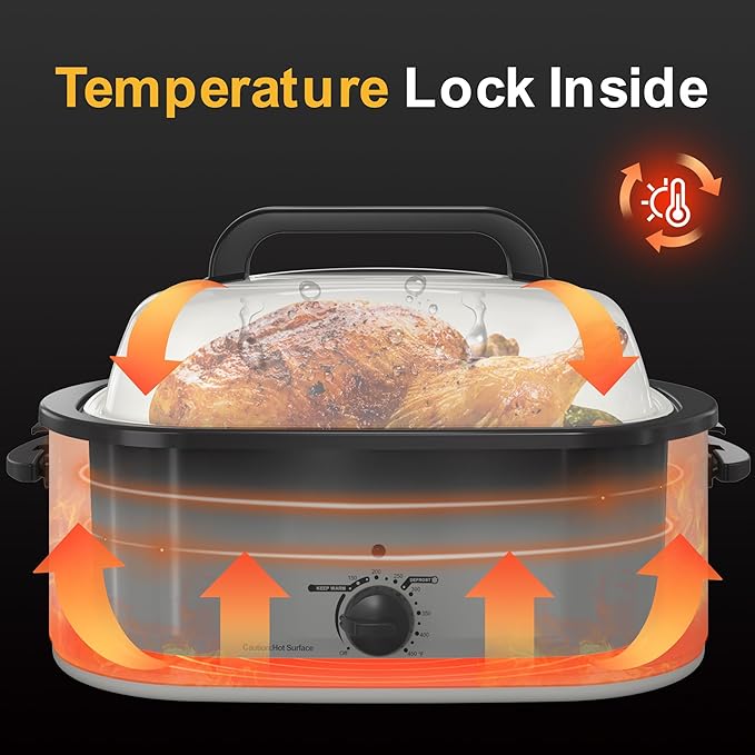 24QT Electric Roaster Oven, Electric Turkey Roaster with Viewing & Self-basting Lid, Stainless Steel Turkey Roaster Oven, White