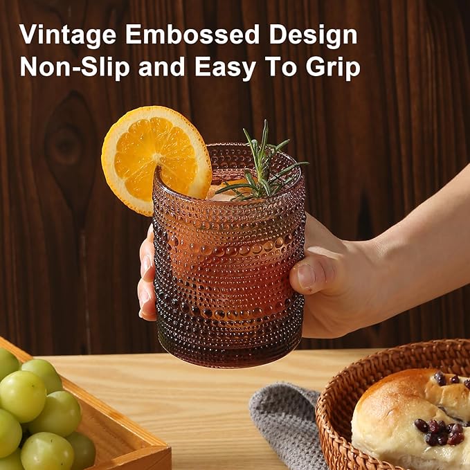 ZMOWIPDL Vintage Glassware Drinking Glasses Set of 12,Purple 12oz & 15oz Hobnail Glass Cups,Embossed Water Tumbler,for Beer,Cocktail,Whiskey,Juice and Various Mixed Drinks- 1 Cleaning Brush