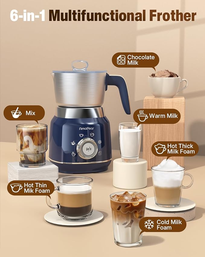 Milk Frother and Steamer, 6 in 1 Electric Foam Maker for Coffee, 16.9oz/500ml Milk Warmer for Latte, Macchiato, Cappuccino, Hot Chocolate Maker, Dishwasher Safe (Blue)
