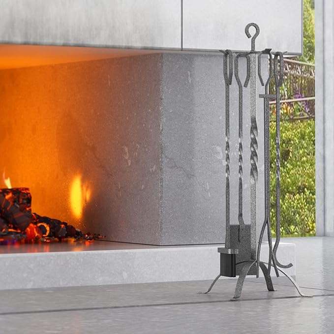 Fire Beauty 5 Pieces Fireplace Tools Sets Fireplace Accessories Tools Holder with Handles Tools for Indoor Fireplace Decor Outdoor Fire Pit Modern Tool(Pewter)