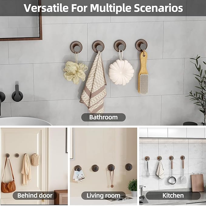 Decorative Suction Cup Hooks, Wreath Hanger, Multi-Purpose Wall Mount for Bathroom, Kitchen, Door, Window, Easy Install 5PCS (Wood Grain)