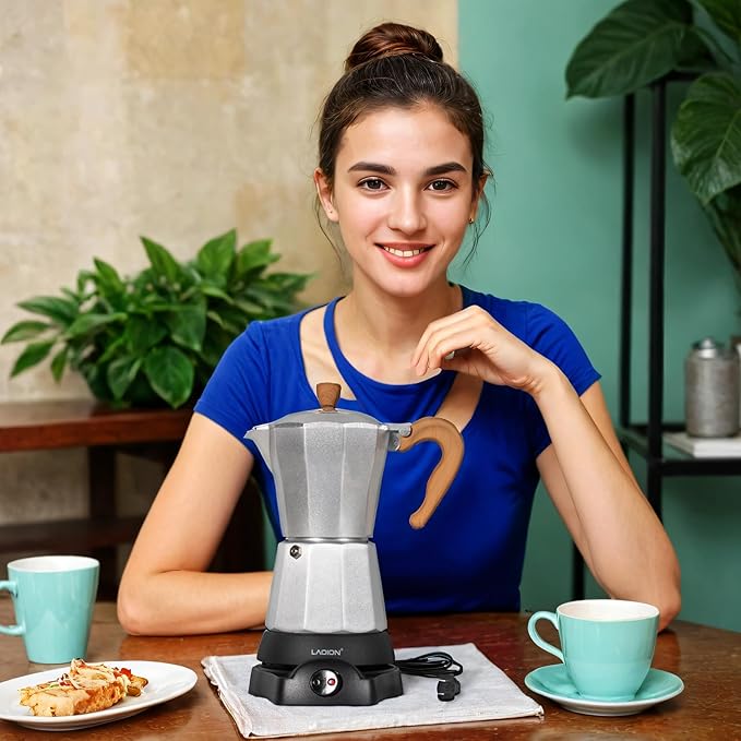 LAOION Cafeteras Electricas Modernas,6 Cup Portable Espresso Maker,300ml Moka Pot with Detachable Base & Overheat Protection, Great for Home，Office, or Travel, a Thoughtful Gift for Coffee Lovers