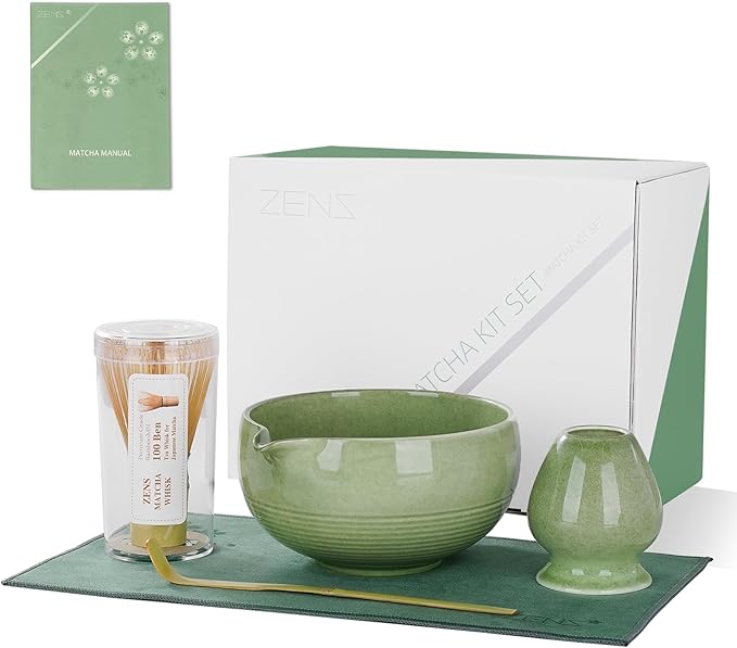 ZENS Matcha Whisk Set, 5pcs Matcha Kit Set Includes Ceramic Bowl, Handcrafted Bamboo Whisk and Chasen Holder, Scoop & Tea Mat, Matcha Tea Ceremony Gift for Matcha Lovers, Emerald Green