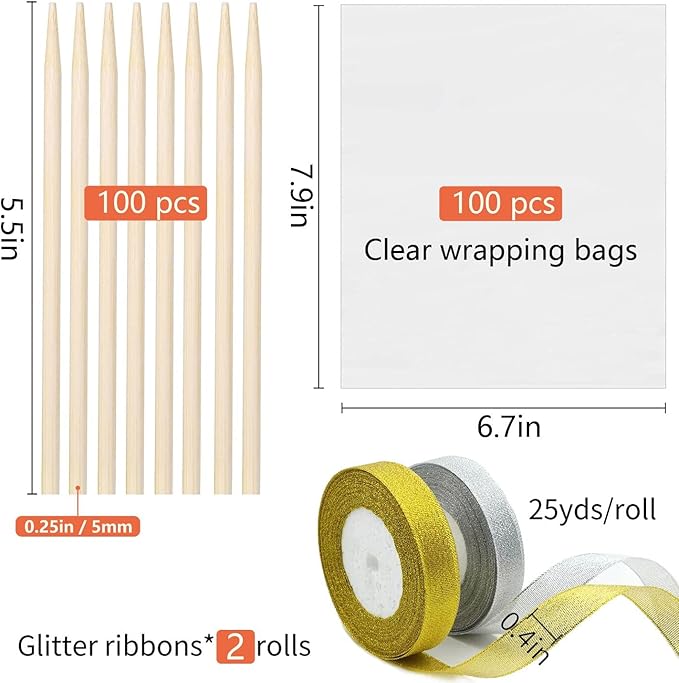 200 Pack Candy Apple Caramel Apple Sticks and Bags,100 Bags,100 Sticks, 50 Yard Gold and Silver Glitter Ribbon Caramel Apple Making kit