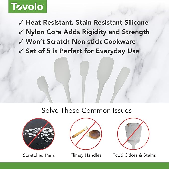 Tovolo Flex Core 5 Piece Silicone Spatula Set Heat Resistant All Silicone Utensils Include Non Stick Spatula Spoonula Jar Scraper, Dishwasher Safe BPA Free Spatulas for Baking Mixing, Oyster Gray