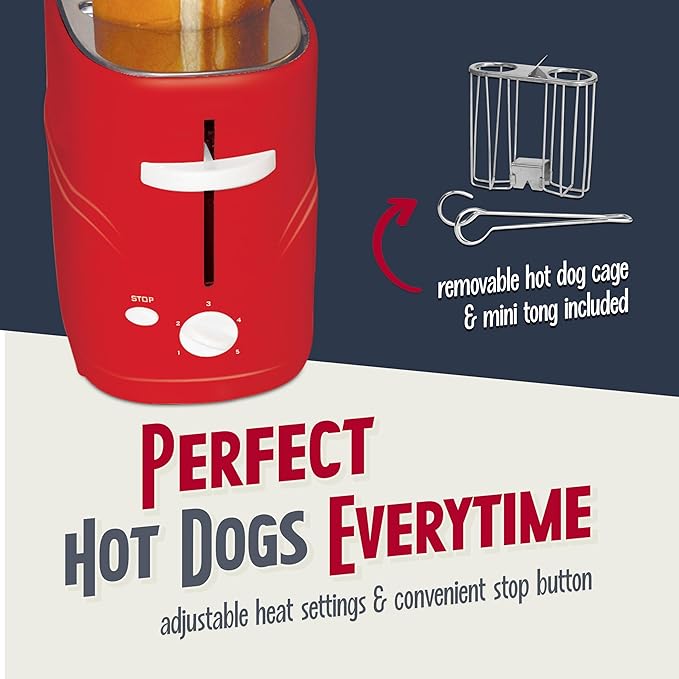 Nostalgia Retro Pop-Up Hot Dog Toaster, 2 Link and 2 Bun Capacity, With Mini Tongs, Works With Chicken, Turkey, Veggie Sausages and Brats