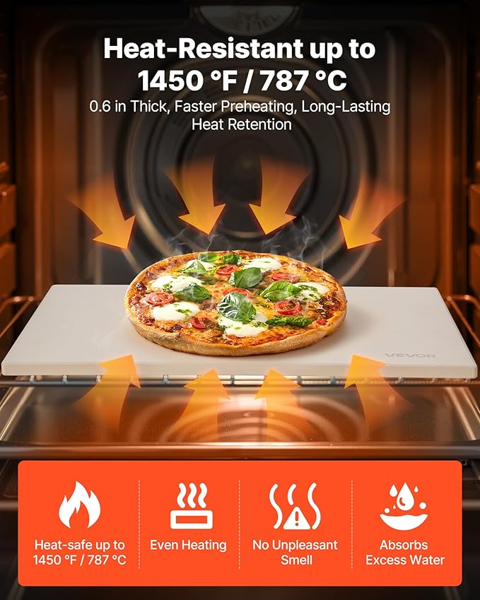 VEVOR Pizza Stone, 16 x 14 x 0.6 Inch Rectangular Cordierite Pizza Stone, Large Baking-Stone with Scraper, 1450℉ Heat-Resistant Cordierite Cooking Stones for Kitchen Bake Oven, BBQ Grill