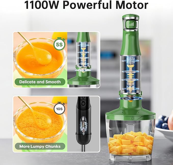 Turelar Immersion Blender Handheld Corded Hand Blenders Set 1100W, Trigger Variable Speed 5 in 1 Stick Emulsifier with Chopper, Whisk and Frother for Soup, Baby Food and Smoothies, Green