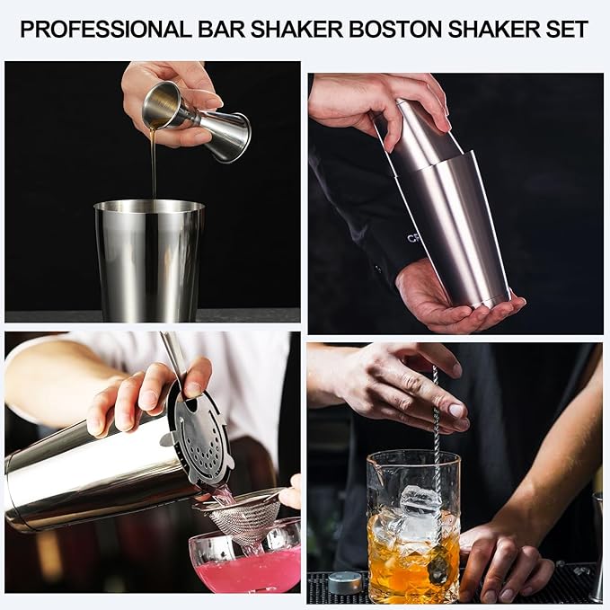 Mwellewm Cocktail Shaker Boston Shaker Set 15 Pcs Professional Bartender Kit Bar Shaker Stainless Steel Drink Shaker Bartending Martini Shaker Tin Mixed Alcohol Shaker Tool for Beginner(Silver)