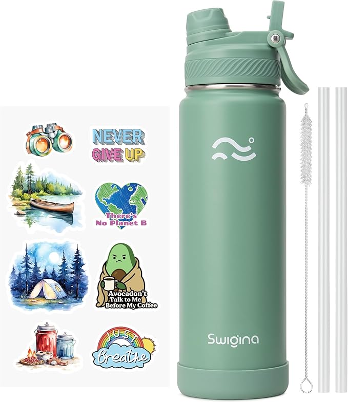 Swigina [2-IN-1 LID] Insulated Water Bottle with Silicone Boot (36hrs Cold/18hrs Hot) - DIY Stickers, Leakproof, BPA Free, 24 oz