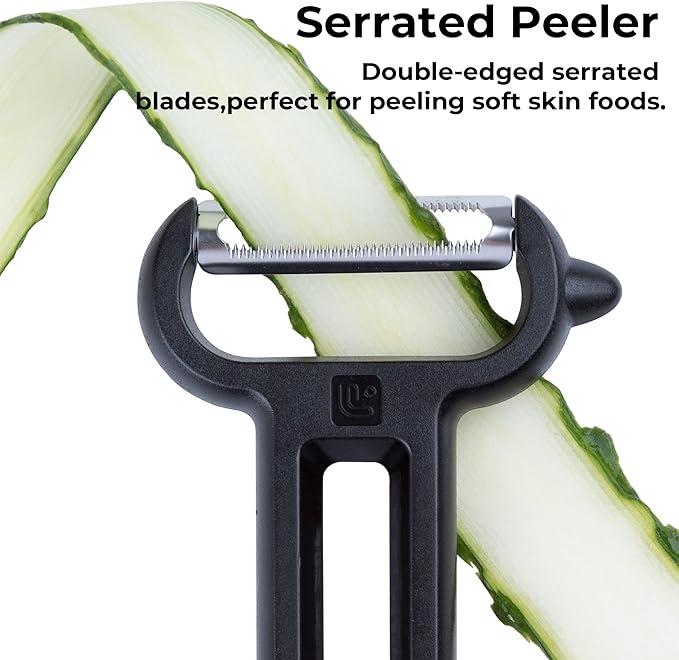 Linoroso 2 Pieces Vegetable Peeler Set with Straight Peeler and Serrated Peeler, Dishwasher Safe Classic Euro Fruit Peeler for Kitchen, Potato Peelers for Peeling veggie and Food, Black
