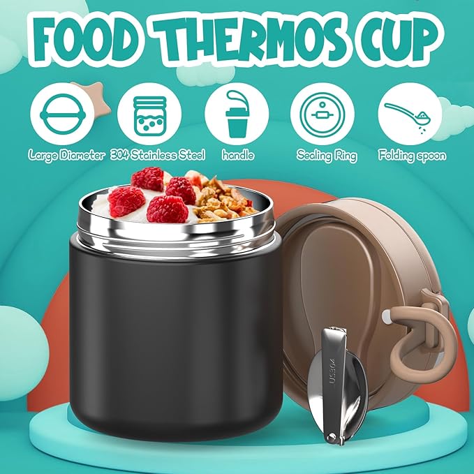 Insulated Food Jar for Kids - 15.2 Oz, Thermo for Hot Food, Soup Thermo, Insulated Food Container, Termos Para Comida Caliente, Width Mouth Stainless Steel Lunch Box with Spoon, Black