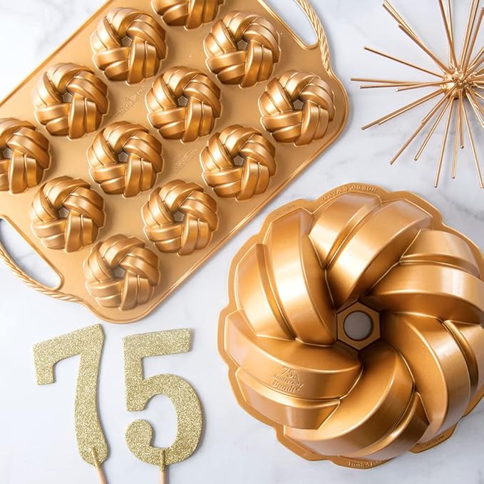 Nordic Ware NW 95577 75th Anniversary Braided Rope Bundt Cake Pan, Gold 12 Cup Capacity